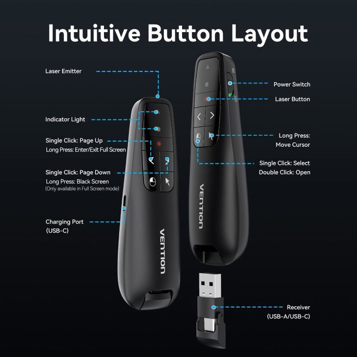Vention Presentador inalámbrico KQPB0-GL con Air Mouse y Láser Verde Negro